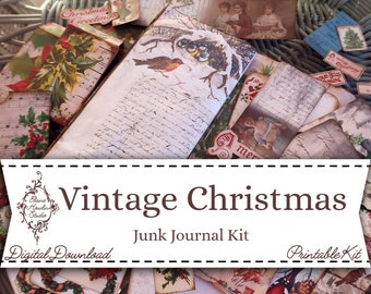 Vintage Weihnachten Junk Journal Kit, sofortiger digitaler Download, bedruckbar, Grunge, festlich, Wald, Umschläge, Ephemera, Scrapbook Papiere