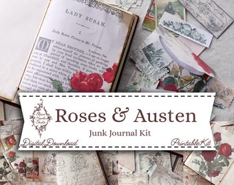 Red Rose Jane Austen Junk Journal Kit, Printable, Grunge, Digital Download, Shabby chic, Rustic, Romance, Books, Papers, Pride and Prejudice