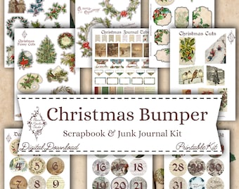 Christmas Junk Journal Kit, Digital Download, Printable, Vintage Ephemera, Fussy Cuts, Holly, Santa Claus, Labels, Festive