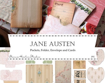 Jane Austen Pockets, Folders, Envelope, Digital, Junk Journal Kit, Scrapbook, Books, Shabby Chic, Cottagecore