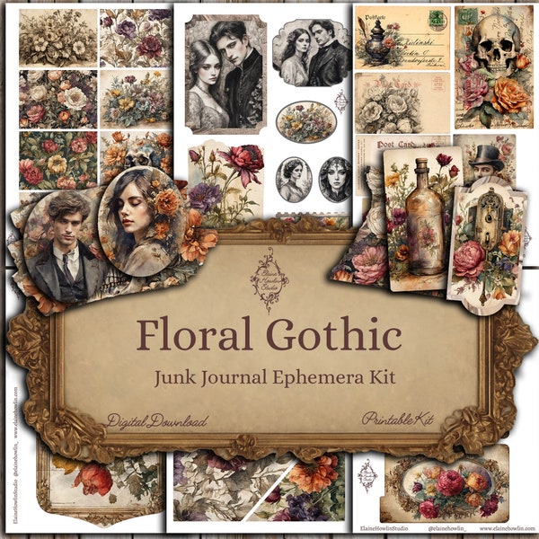 Floral Gothic Junk Journal Ephemera, Digital Download, Printable, Scrapbook, Grunge, Dark Academia, Steampunk, Vintage, Aesthetic