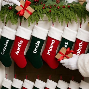 Custom Name Christmas Stockings, Personalized Family Name Xmas Stockings, Red & Green Fireplace Socks, Holiday Mantel Décor Gift for Family