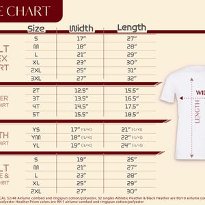 The image is a size chart for a white t-shirt, providing measurements for different age groups and sizes.