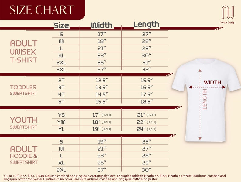 The image is a size chart for a white t-shirt, providing measurements for different age groups and sizes.