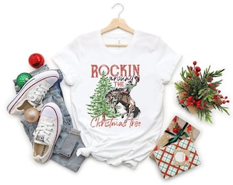 Rocking Around The Christmas Tree Shirt, Retro Christmas Western Shirt, Country Christmas Shirt, Women&#39;s Christmas Shirts, Western Xmas Tee