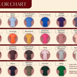 The image is a color chart displaying various colored t-shirts, each with a corresponding color name.