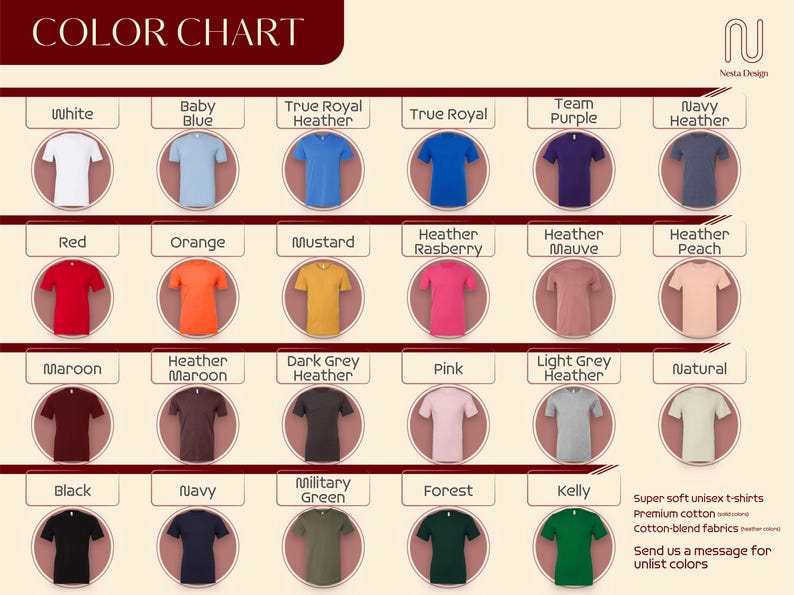 The image is a color chart displaying various colored t-shirts, each with a corresponding color name.