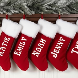 Farmhouse Christmas Stockings, Custom Family Name Xmas Stockings, Red & Green Fireplace Socks, Holiday Mantel Decor Gift for Family