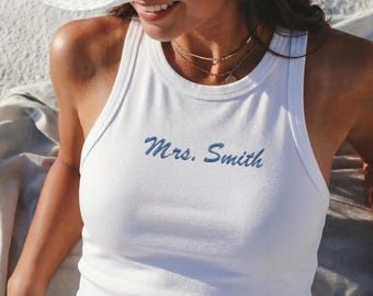 Mrs. Racer Tank Top, Bachelorette Embroidered Tank Top, Personalized Embroidery Tee, Custom Embroidered Gift