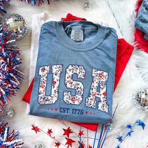 Comfort Colors Faux Patchwork USA Tshirt, Amerika T-Shirt zum 250-jährigen Jubiläum, 250 Jahre Freiheit Shirt, 4. Juli Shirt, Retro Amerika T-Shirts