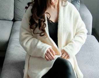 White Long Soft Cardigan with Belt and Pockets / Long Angora Sweater