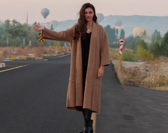 Cashmere Wool Long Sleeve Soft Sweater / Tan Color Wide Sleeve Long Cardigan