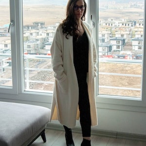 White Long Soft Cardigan with Belt and Pockets / Long Angora Sweater