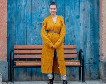 Cable Knit Long Mustard Cardigan with Belt / Alpaca Calf Length Cardigan