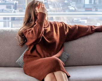 Alpaca Wool Long Sleeve Dress /Mockneck Sweaterdress / Knee Length Sweater
