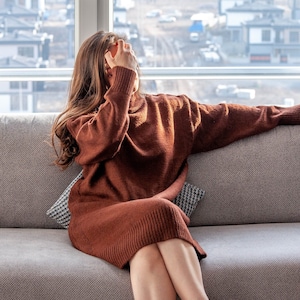 Alpaca Wool Long Sleeve Dress /Mockneck Sweaterdress / Knee Length Sweater