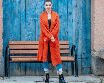 Alpaca  Long Cardigan / Orange Women Cardigan/ Knitted Cardigan / Loose Cardigan / Buttoned Cardigan / Minimalist cardigan / Gift for Women