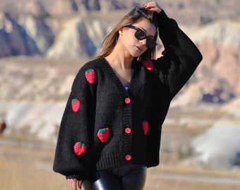 Chunky Alpaca Wool Sweater in Black with Strawberry Embroideries - V-Neck Slouchy Balloon Sleeve Cardigan