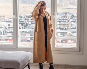 Wool Cardigan / Beige Long Organic Sweater with Pockets