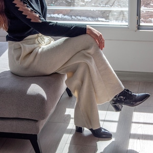 Merino Wool Loose Pants with Pockets / Hand Knit Ecru Color Wide Straight Trousers