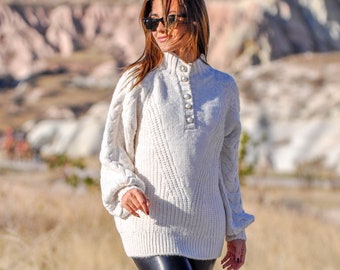 Chunky Cotton Cable-Knit Women's Sweater with Pearl-Style Buttons - Elegant White Handknit