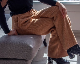 Merino Wool Loose Pants with Pockets / Hand Knit Camel Color Wide Straight Trousers