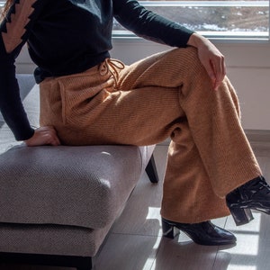 Merino Wool Loose Pants with Pockets / Hand Knit Camel Color Wide Straight Trousers