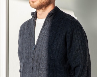 Cardigan con cerniera in cashmere blu navy lavorato a mano – Giacca da uomo in maglia a trecce