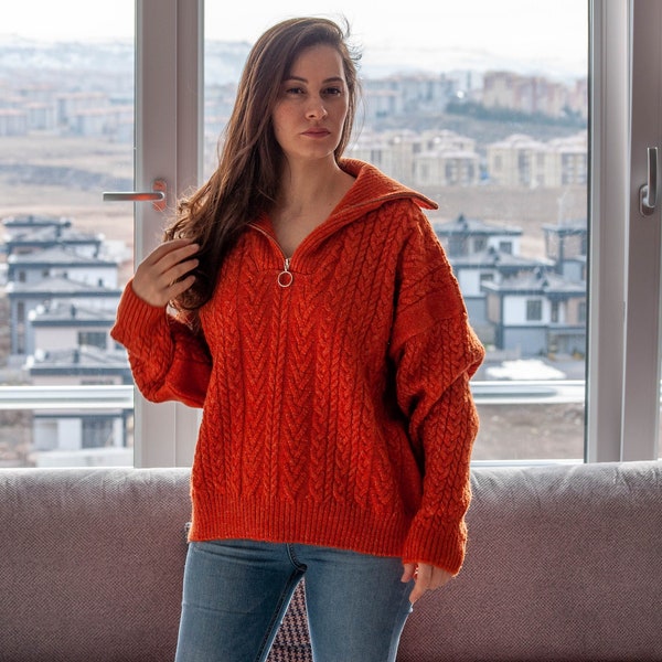 Merino Wool Soft Cable Knit Sweater with Zipper/ Long Sleeve Orange Jumper