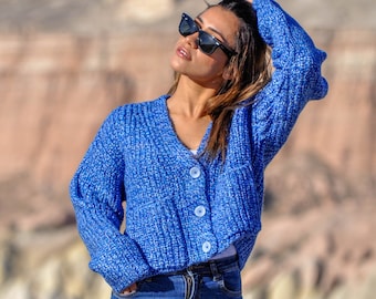 Handknit Wool Blue Crop Sweater - V-Neck, Long Sleeve, Chunky, Buttoned with 3 Buttons, Pockets - Cozy Women's Knitwear
