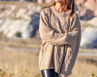 Cashmere Cable Knit Oversized Slouchy Beige Women's Sweater - Long Sleeve, Crew Neck, Hips-Length