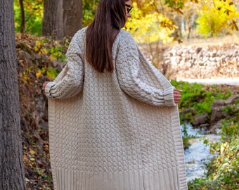 Knitted Wool Long Organic Cardigan / Oversized Long Beige Cardigan