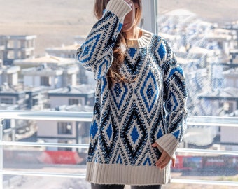 Argyle Blue Sweater / Long Sleeve Oversized Sweater / Long Slouchy Pullover Sweater