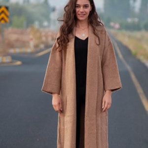 Cashmere Wool Long Sleeve Soft Sweater / Tan Color Wide Sleeve Long Cardigan