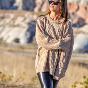 Cashmere Cable Knit Oversized Slouchy Beige Women's Sweater - Long Sleeve, Crew Neck, Hips-Length