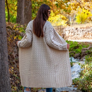 Knitted Wool Long Organic Cardigan / Oversized Long Beige Cardigan