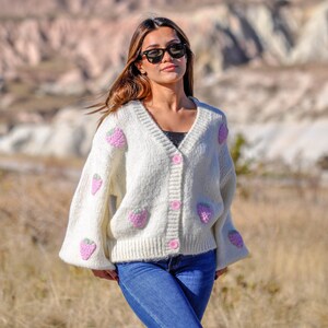 Chunky Alpaca Wool White Sweater with Strawberry Embroideries V-Neck Slouchy Balloon Sleeve Cardigan image 1