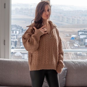 Merino Wool Soft Cable Knit Sweater with Zipper/ Long Sleeve Camel Jumper