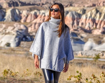 Handknit Merino Wool Kimono Sweater: Slouchy Turtleneck Knitwear