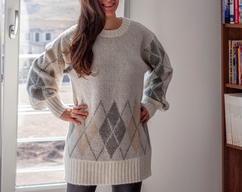 Kaschmir Argyle WeißEr Pullover / Ballonärmel Oversized Tunika Pullover / Langer Pullover