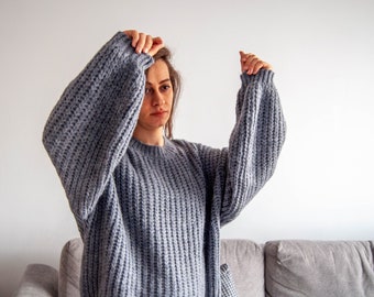 Oversize Sweater Pullover Knitted with Cotton / Slouchy Organic Vegan Hand Knit Gray Sweater
