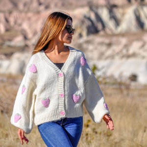 Chunky Alpaca Wool White Sweater with Strawberry Embroideries V-Neck Slouchy Balloon Sleeve Cardigan image 3