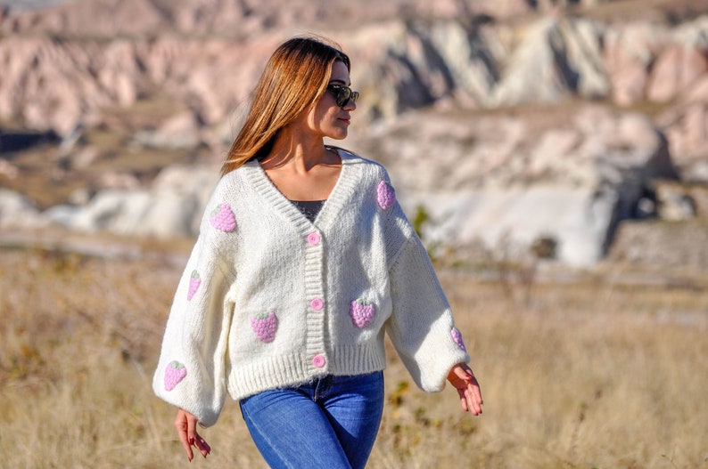 Chunky Alpaca Wool White Sweater with Strawberry Embroideries V-Neck Slouchy Balloon Sleeve Cardigan image 3