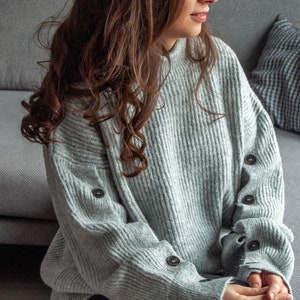 Alpaca Wool Sweater, Mockneck Knitted Sweater, Gray Pullover, Grey Buttoned Sleeve Jumper