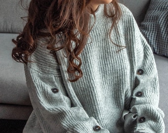 Suéter de lana de alpaca, suéter de punto de cuello alto, jersey gris, jersey gris con mangas abotonadas