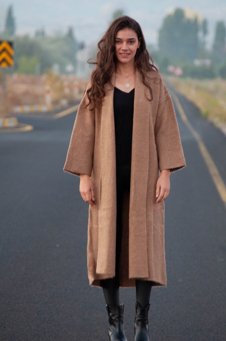 Cashmere Wool Long Sleeve Soft Sweater / Tan Color Wide Sleeve Long Cardigan image 1