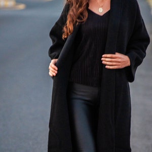 Cashmere Wool Long Sleeve Soft Sweater / Black Wide Sleeve Long Cardigan image 6