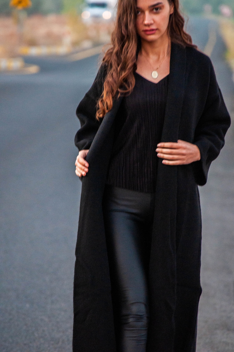 Cashmere Wool Long Sleeve Soft Sweater / Black Wide Sleeve Long Cardigan image 6
