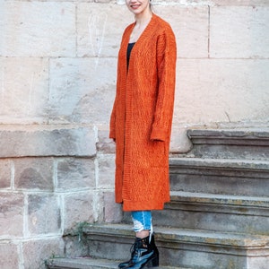 Lange Orange Strickjacke mit Gürtel / Alpaka Wadenlang Strickjacke Bild 7