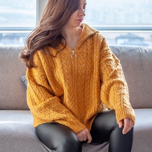 Merino Wool Soft Cable Knit Sweater with Zipper/ Long Sleeve Mustard Jumper